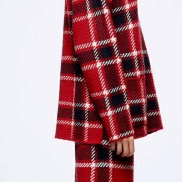 ZARA red black plaid sweater funnel neck with front pockets. Small - Picture 3 of 6